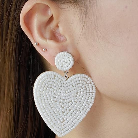 Handmade Large White Heart Beaded Earrings Bead Hearts Statement Jewelry New - Picture 2 of 8